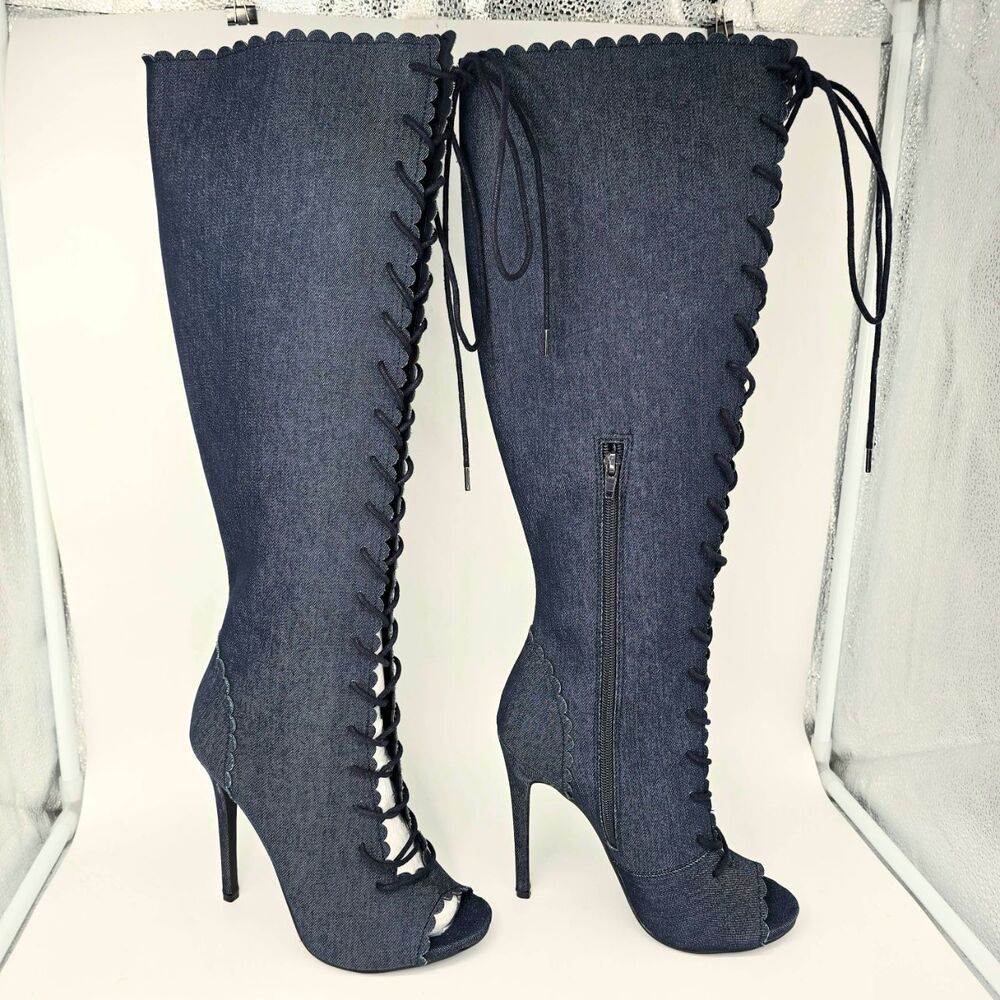 Denim Knee High Boots Size 8.5 | Y2K Festival Statement Heels - Picture 7 of 13